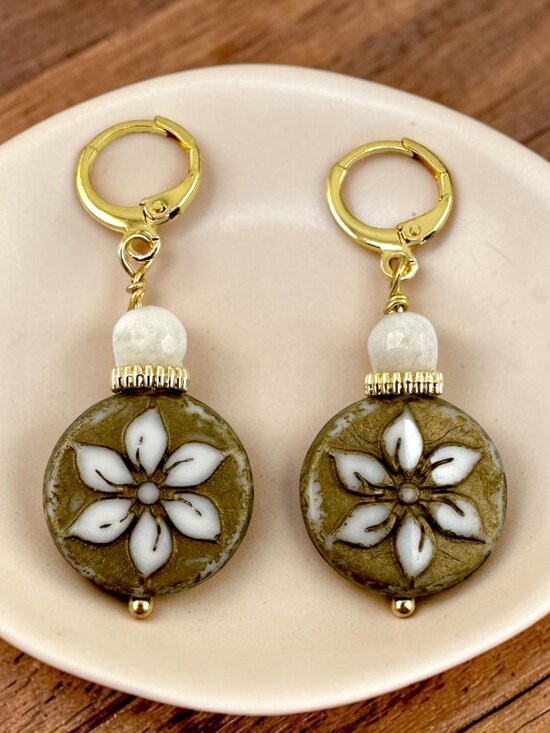 Earth Art hand crafted artisan Jewelry - Czech Glass Clematis Flower Earrings White Gemstone Gold Leverbacks Artisan 1.5"